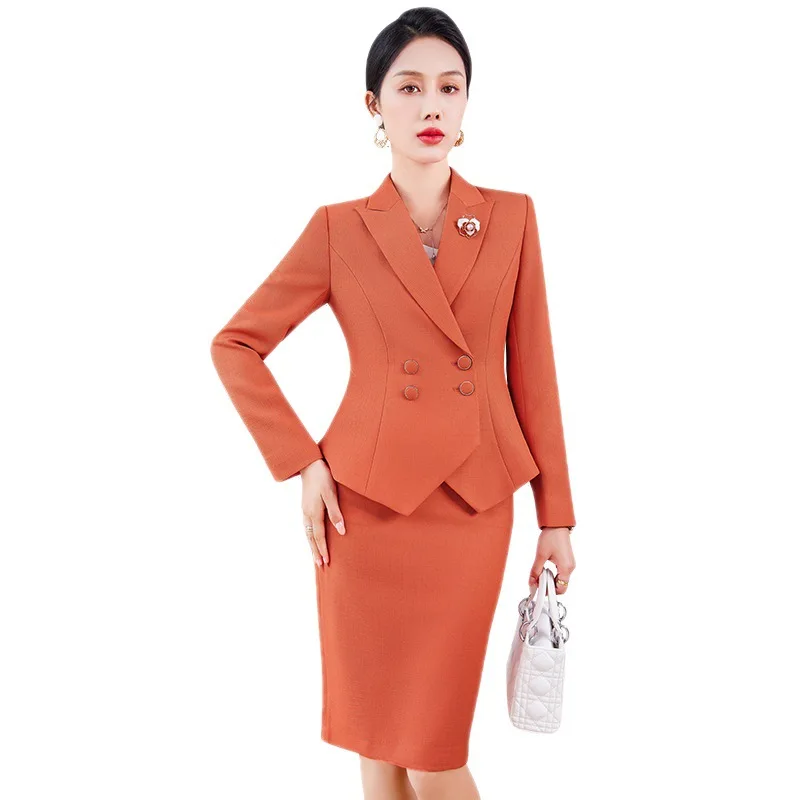 Navy Blue Suits Women 2023 New Spring Autumn Professional Long Sleeve Slim Blazer And Skirt Sets Office Ladies Work Wear Orange - Image 2