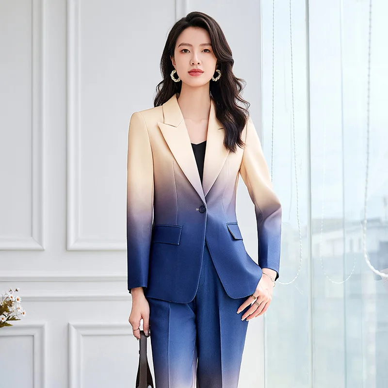 HIGH STREET Newest Fashion 2024 Designer Suit Set Women's Gradient Color Printed Single Button Blazer Flare Pants Suit - Image 3