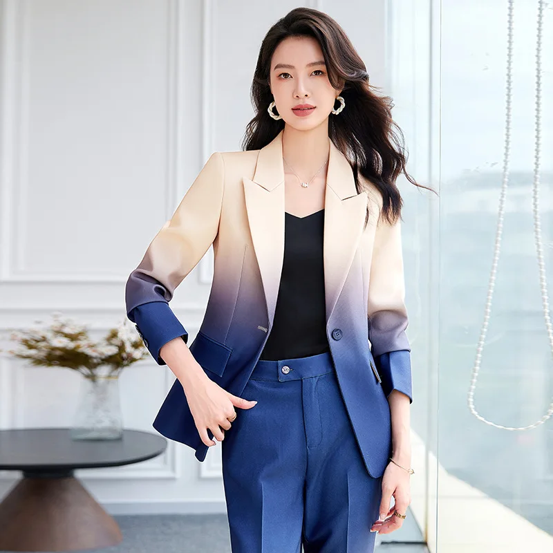 HIGH STREET Newest Fashion 2024 Designer Suit Set Women's Gradient Color Printed Single Button Blazer Flare Pants Suit - Image 6