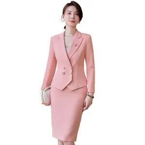 New Arrival Elegant Ladies Formal Skirt Suit Women Orange Blue Pink Double Breasted Female Blazer Set for Business Work Wear