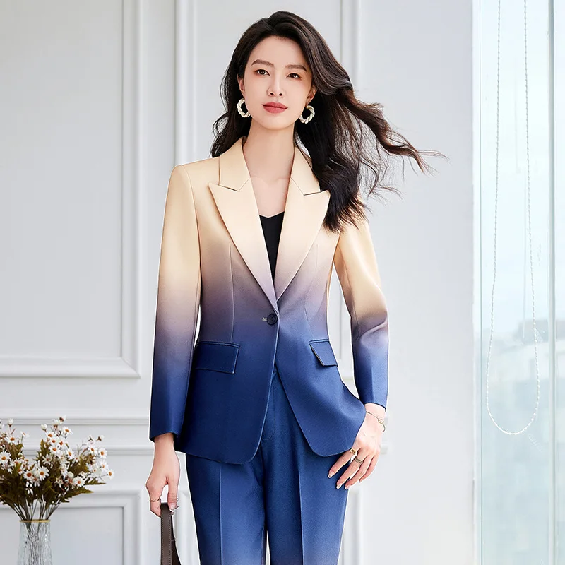 HIGH STREET Newest Fashion 2024 Designer Suit Set Women's Gradient Color Printed Single Button Blazer Flare Pants Suit - Image 4