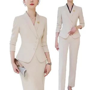 Office Business Women's Suit Pants Two-piece Set 2024 New Spring Autumn Long Sleeve Heart Button Jacket Slim Trousers Skirts