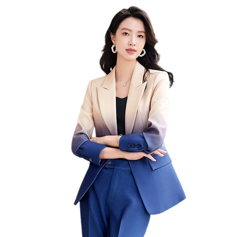 HIGH STREET Newest Fashion 2024 Designer Suit Set Women's Gradient Color Printed Single Button Blazer Flare Pants Suit - Image 2
